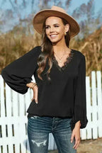 Lace V Neck Balloon Sleeves Top - SJB-DIAMOND ELITES