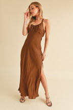 Ruched Side Slit Cutout Back Maxi Cami Dress For Summer–Elegant, Alluring & Sophisticated with Stunning Design Stevvex