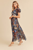 Lace Detail Slit Geometric Print Short Sleeve Comfortable Maxi Dress For Women, Elegant Lace, Alluring Slit, Sophisticated Geometric Print for Casual & Dressy Occasions