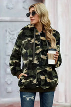 Women's Winter Green Camo Print Warm Furry Pullover Hoodie - SJB-DIAMOND ELITES