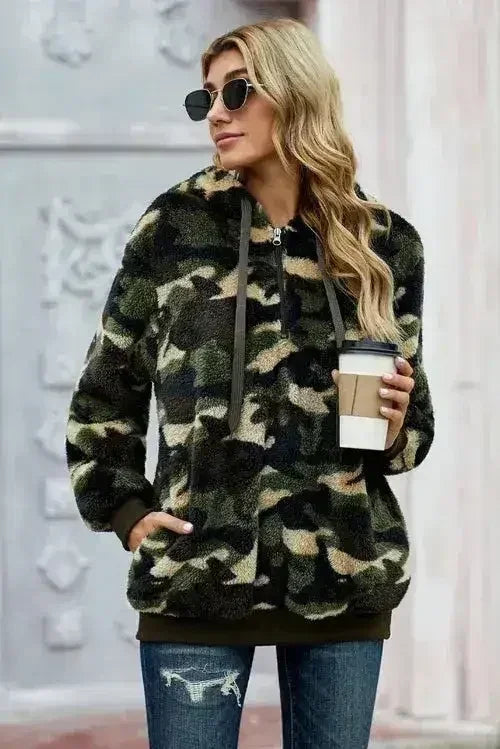 Women's Winter Green Camo Print Warm Furry Pullover Hoodie - SJB-DIAMOND ELITES