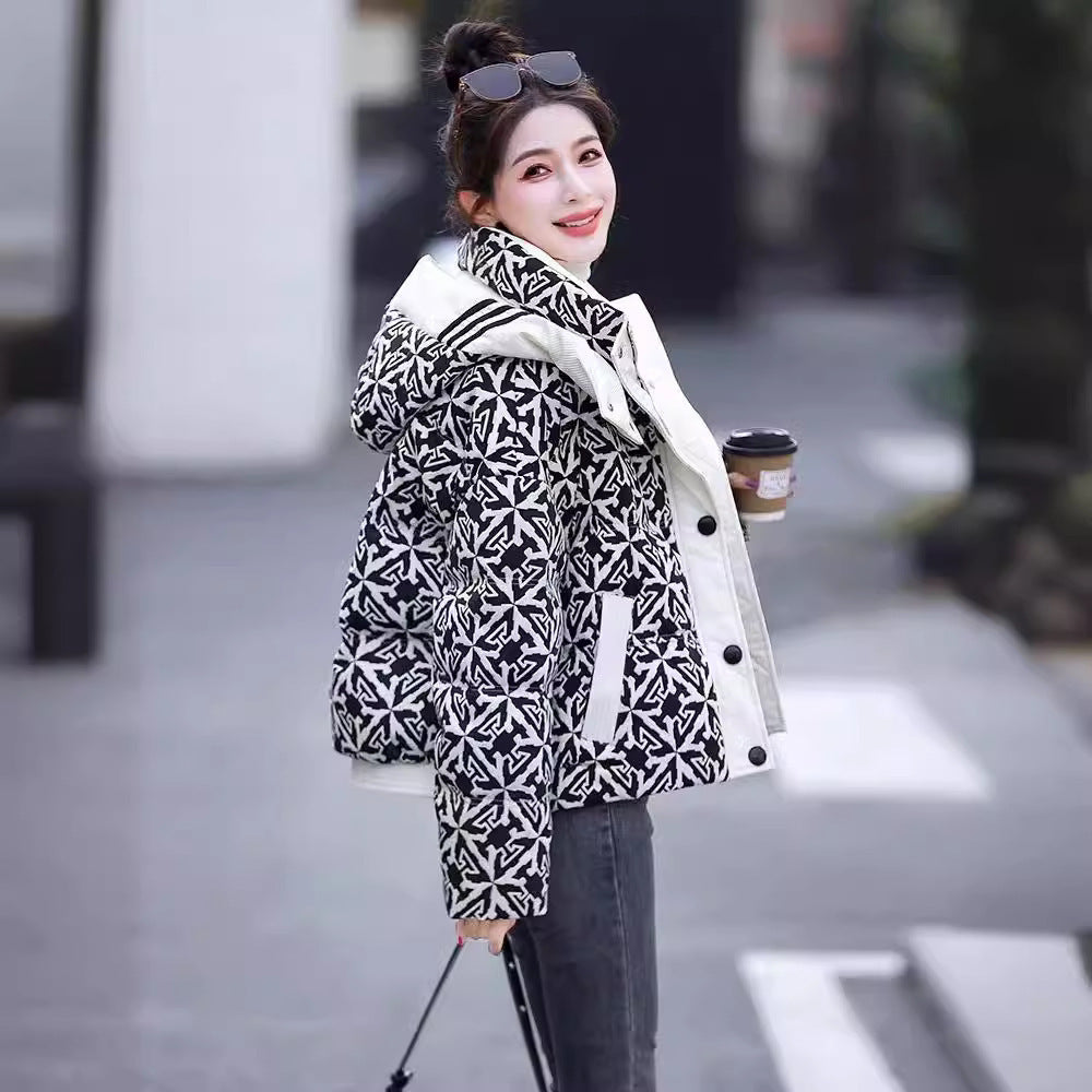 Printed Hooded Down Jacket Women's Short Pi-Mart