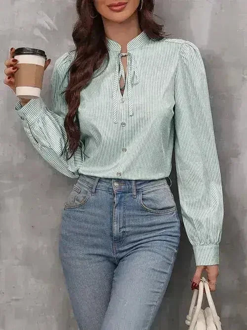 Striped Tie Neck Long Sleeve Blouse – Femstylo - SJB-DIAMOND ELITES