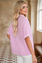 Sachet Pink Striped Dolman Sleeve Pop of Color Neckline Blouse
