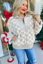 Khaki Checkered Sherpa Jacket | Corduroy Patchwork Zip-Up - Femstylo