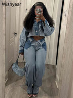 Streetwear Blue Patchwork Denim Two 2 Piece Pants Set Women Sales Long Sleeve Crop Tops and Flare Jeans Loose Matching Outfits Purplish Diva