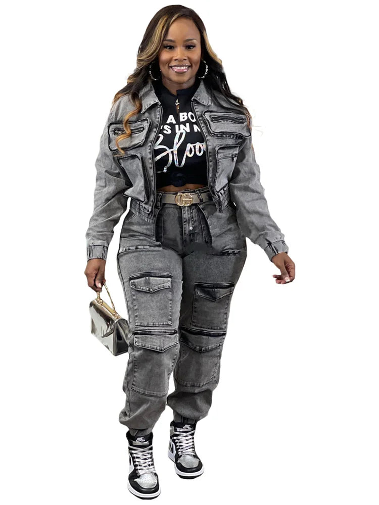 Wmstar Denim Two Piece Set Women Jacket Coat Top Jeans Cargo Pants Cool New in Winter Matching Clothes Wholesale Dropshipping Purplish Diva