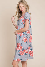 Floral Round Neck Short Tee Dress with Pockets For Women – Comfortable, Casual & Functional for Everyday Wear Stevvex