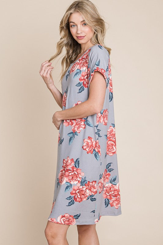 Floral Round Neck Short Tee Dress with Pockets For Women – Comfortable, Casual & Functional for Everyday Wear Stevvex