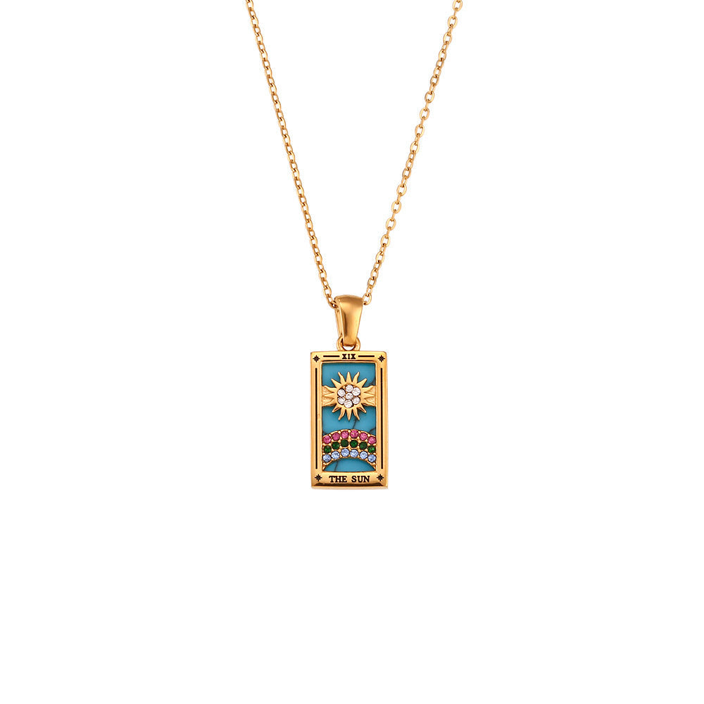 Fashion Tarot Necklace With Rhinestones Diamond Set Pendant Stainless Steel Rectangular Drip Necklace Jewelry Pi-Mart