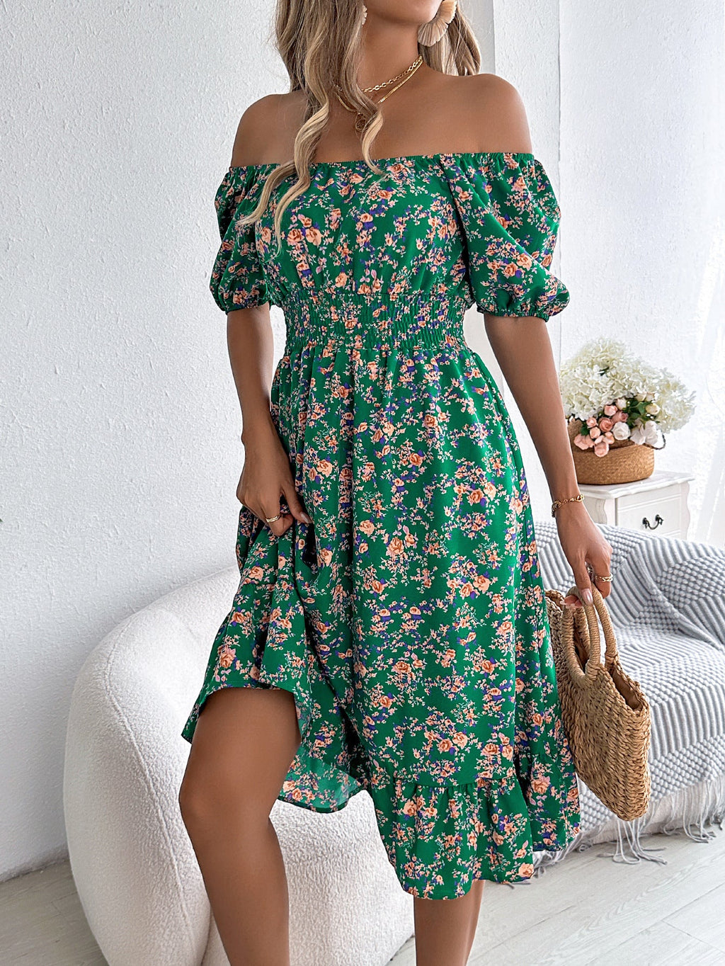 Floral Print Square Collar Dress Summer Fashion Ruffles Dresses Women's Clothing Pi-Mart