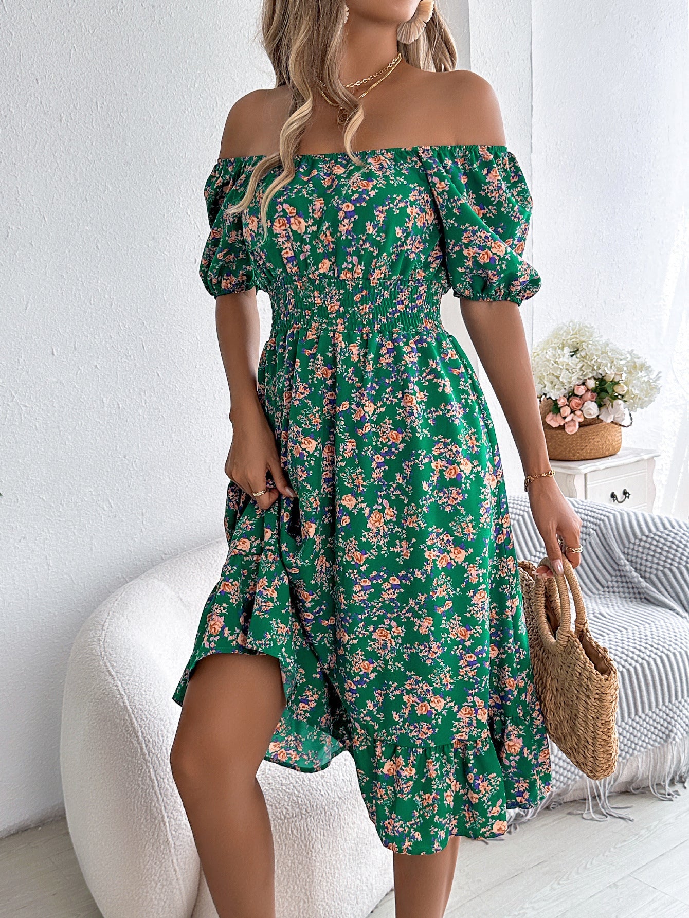 Floral Print Square Collar Dress Summer Fashion Ruffles Dresses Women's Clothing Pi-Mart