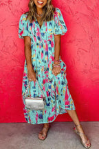 Sky Blue Abstract Print Short Puff Sleeve Tiered Maxi Dress