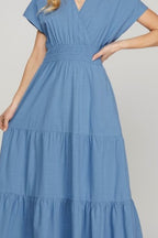Surplice Short Sleeve Tiered Maxi Dress With Pockets For Women – Elegant, Versatile, Comfortable and Functional with Flattering Surplice Neckline and Tiered Design for Effortless Style Stevvex