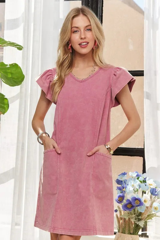 Mineral Washed V-Neck Ruffled Cap Sleeve Dress – Trendy, Comfortable, Playful, Unique Wash For Any Occasion Stevvex