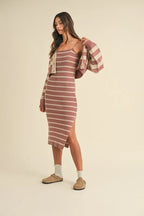 Stripe Crop Cardigan and Bodycon Dress Sweater Set – Two-Piece Knit Set, Striped Crop Cardigan Dress, Cozy Sweater Dress Set, Chic Layered Knit Outfit