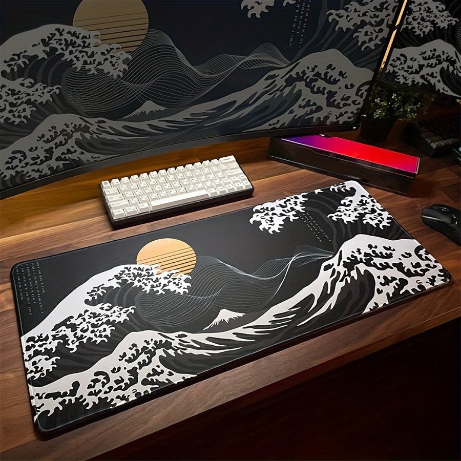 Extra-Large Black Waves Gaming Mouse Pad - Non-Slip Rubber Base, Extended Desk Mat for Gamers Lootquake LLC