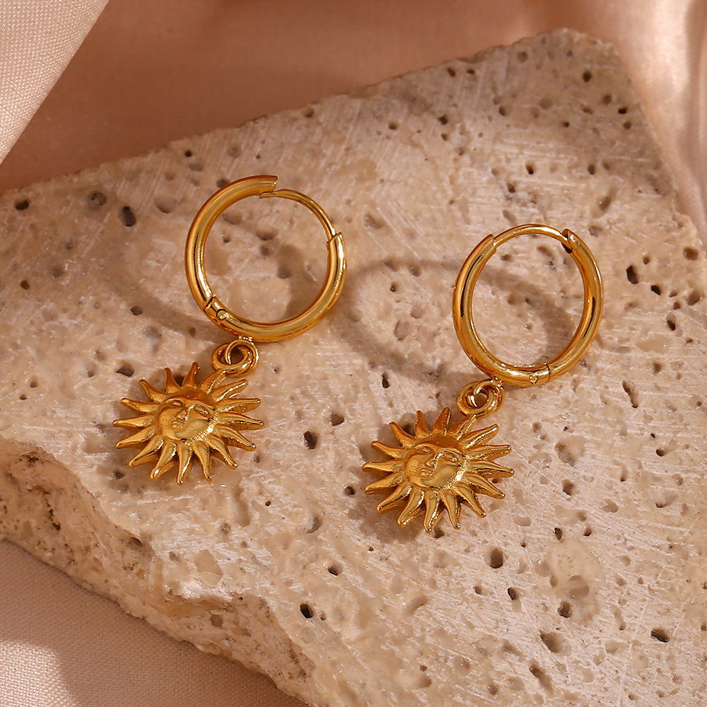 18K Gold Earrings Temperament Light Luxury Sun Element Trend Pendant Earrings Titanium Steel Plated Pi-Mart