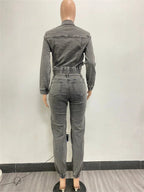 Wmstar Denim Two Piece Set Women Jacket Coat Top Jeans Cargo Pants Cool New in Winter Matching Clothes Wholesale Dropshipping Purplish Diva