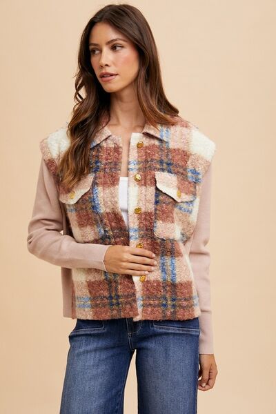 Women Brown Faux Fur Plaid Button-Up Jacket Soft Jacket For Girls Jacket With Closure Stevvex