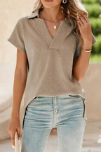 White Textured V Neck Collared Split Hem T Shirt