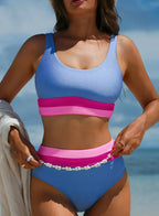 Light Blue Colorblock High Waisted Bikini Swimsuit
