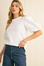 Phalaenopsis Solid Textured O Neck Puff Sleeve Blouse | Femstylo