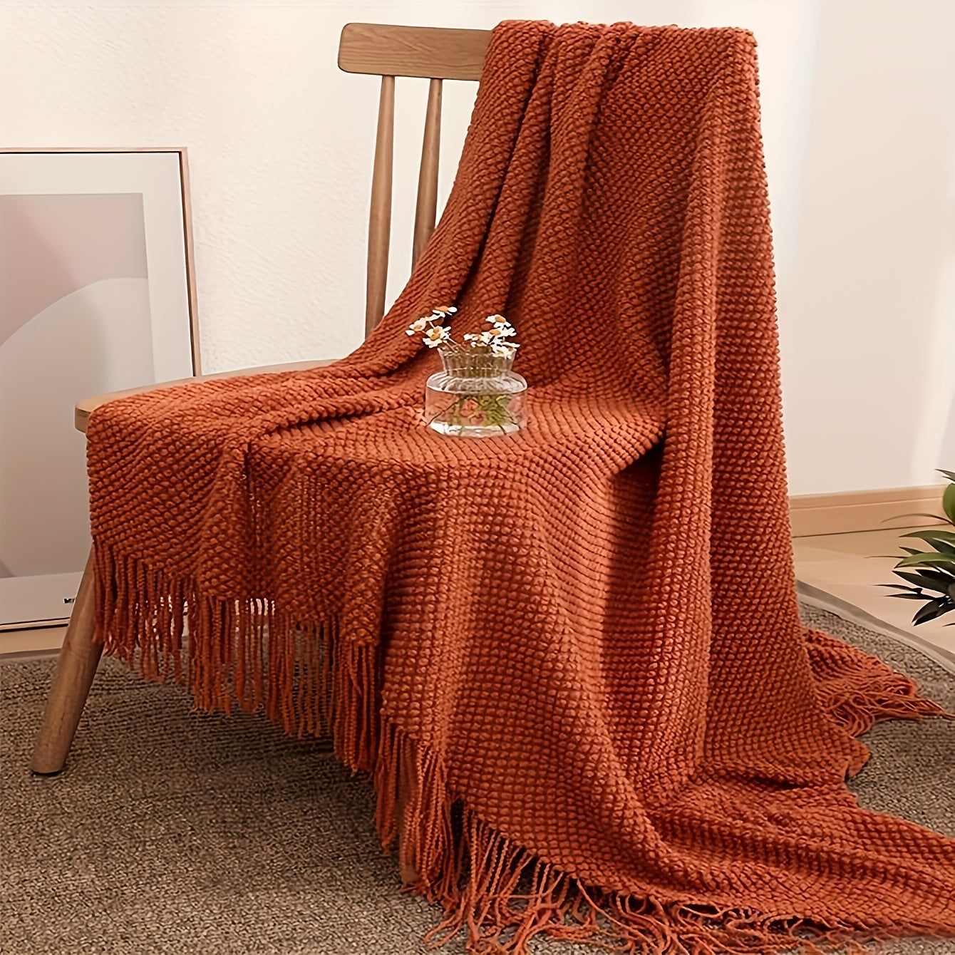 1pc Knit Throw Blanket Long Tassel Lightweight Blanket Bubble Textured Soft Blanket For Bed Couch Sofa Chair Outdoor Picnic All Season Use Orange Lootquake LLC