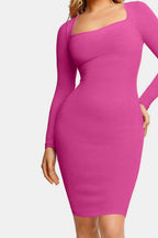 Elegant Black Full Size Built-In Shapewear Square Neck Long Sleeve Dress Sculpting Fit Dress for Women