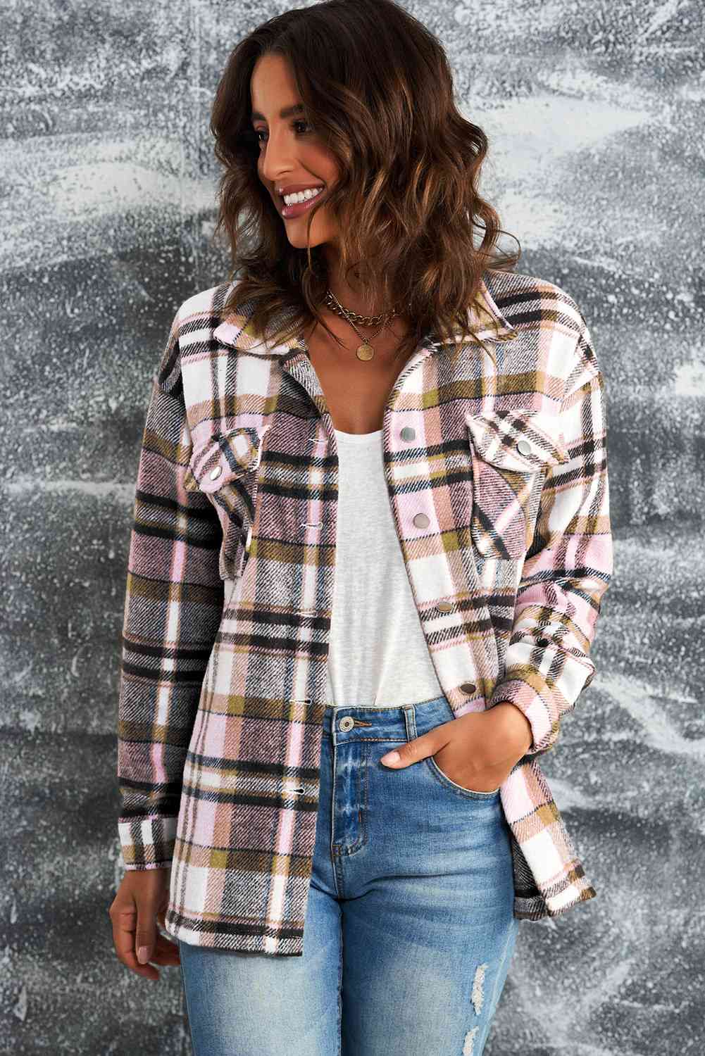 Classic Plaid Button Front Shirt Jacket with Breast Pockets Casual & Minimalist Outerwear Stevvex