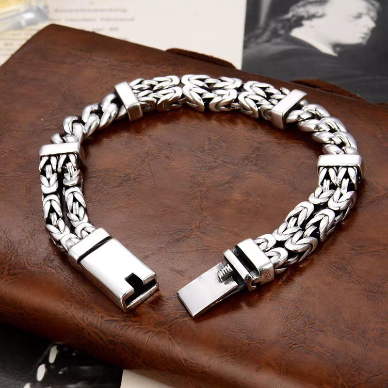 S925 Sterling Silver Trendy Men's Personalized Bracelet New Chinese Style Double Woven Safety Pattern Handmade Chain Pi-Mart