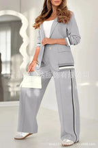 Women Suit Jacket 2 Piece Sets Striped Blazer Coat Turn Down Collar Single Breasted Wide Leg Pants Ensemble Office Lady Outfits Purplish Diva