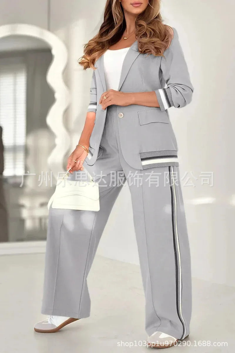 Women Suit Jacket 2 Piece Sets Striped Blazer Coat Turn Down Collar Single Breasted Wide Leg Pants Ensemble Office Lady Outfits Purplish Diva