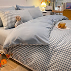 Pure Color Washed Cotton Four-piece Set Of Plaid Striped Sheets Quilt Cover Bedding Pi-Mart