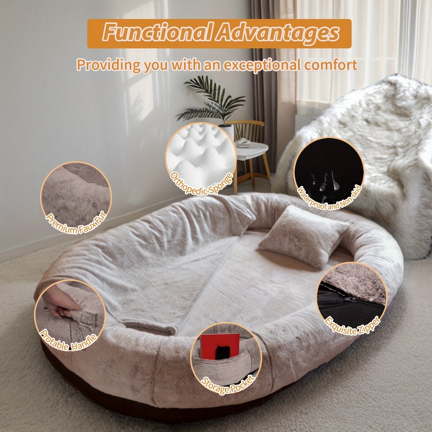 [Cozy Dog Bed] Orthopedic Faux Fur Dog Bed | Cozy Human-Sized Dog Bed For All Breeds - 71"x45"x14" With Blanket And Pillow, Washable, Includes Plush Pillow & Blanket Lootquake LLC