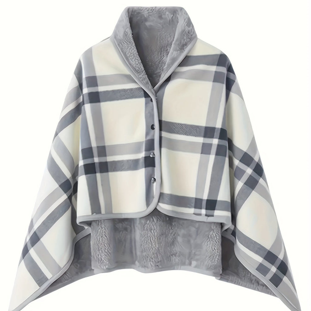 Women'S Casual Plaid Pajama Cape Blanket, V-Neck Sleeveless Knit Fabric with Button Detail, Polyester 100% Flannel, Medium Stretch, All-Season Loose Fit - Thick Heating Office Air-Conditioning Nap Blanket Lootquake LLC