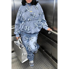 Fitness Women 2 Piece Set Fake Denim Printed Baggy Hoodies Jogging Pants Matching Set 2023 Fall Winter Outfits Sporty Tracksuits Purplish Diva