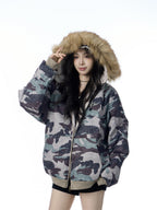 American Vintage Army Green Camouflage Fur Collar Hood Jacket Pi-Mart