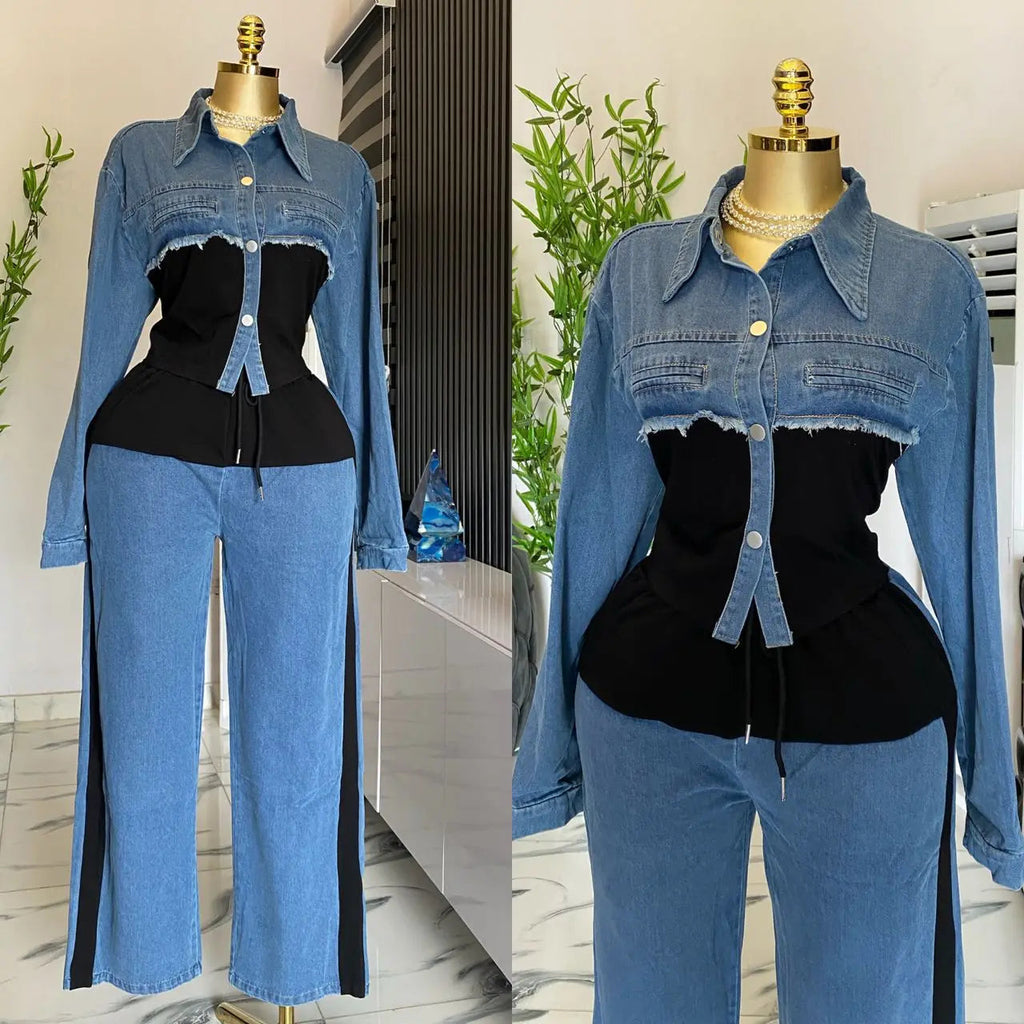 Two Piece Sets Women Pant Set Denim Splice Matching Sets Spring Top Wide Leg Long Pants Casual Loose Lace Up High Waist Jogger Purplish Diva