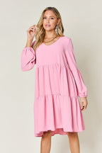 Light Green Double Take Full Size V-Neck Sleeve Tiered Dress with Pockets Elegant & Comfortable Casual Dress Stevvex