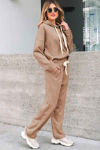 Solid Corduroy Lace Hoodie and Pants Set THRIXINE