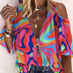 Ladies' Printed Off Shoulder V-neck Zipper Lantern Top - SJB-DIAMOND ELITES