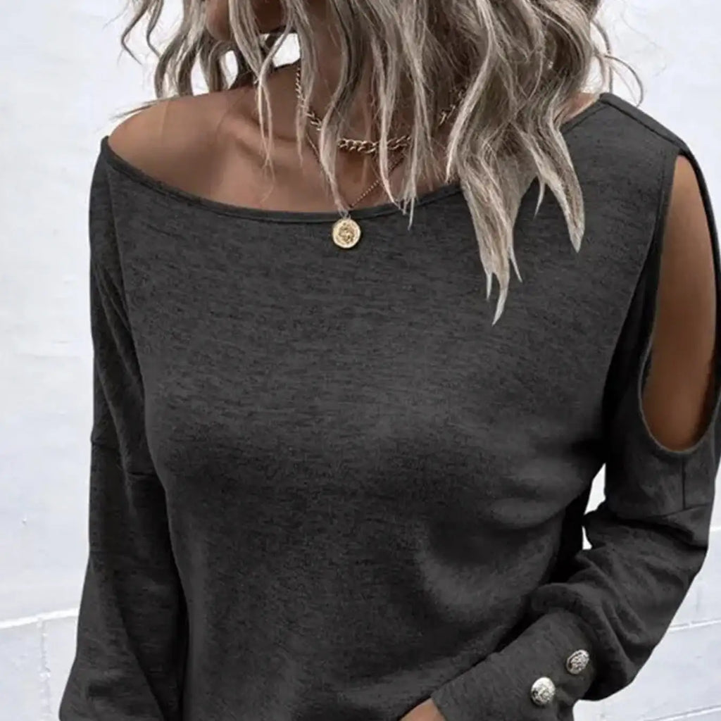 Women's Fashion New Off Shoulder Button Long Sleeved Casual Top T-shirt - SJB-DIAMOND ELITES