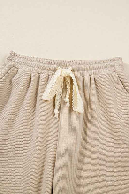 Solid Corduroy Lace Hoodie and Pants Set THRIXINE