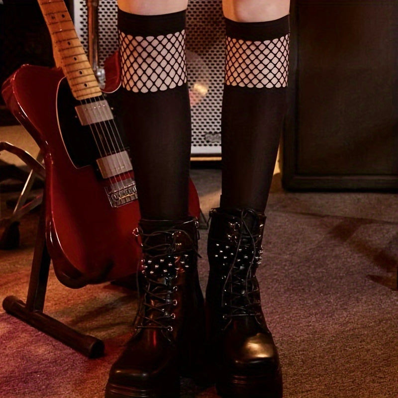 Fishnet Patchwork Calf Socks, JK College Style Knee High Socks, Women's Stockings & Hosiery Lootquake LLC
