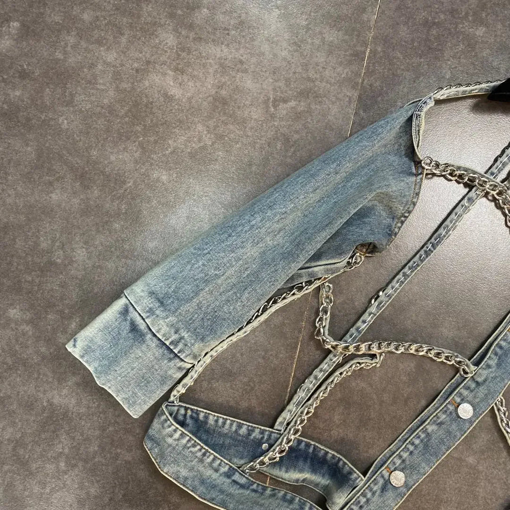 Denim Jacket 2023 Spring Summer Lapels Long Sleeve Chain Hollow Cool Handsome Street Denim Long Sleeve Jeans Jacket for Women Purplish Diva