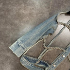 Denim Jacket 2023 Spring Summer Lapels Long Sleeve Chain Hollow Cool Handsome Street Denim Long Sleeve Jeans Jacket for Women Purplish Diva