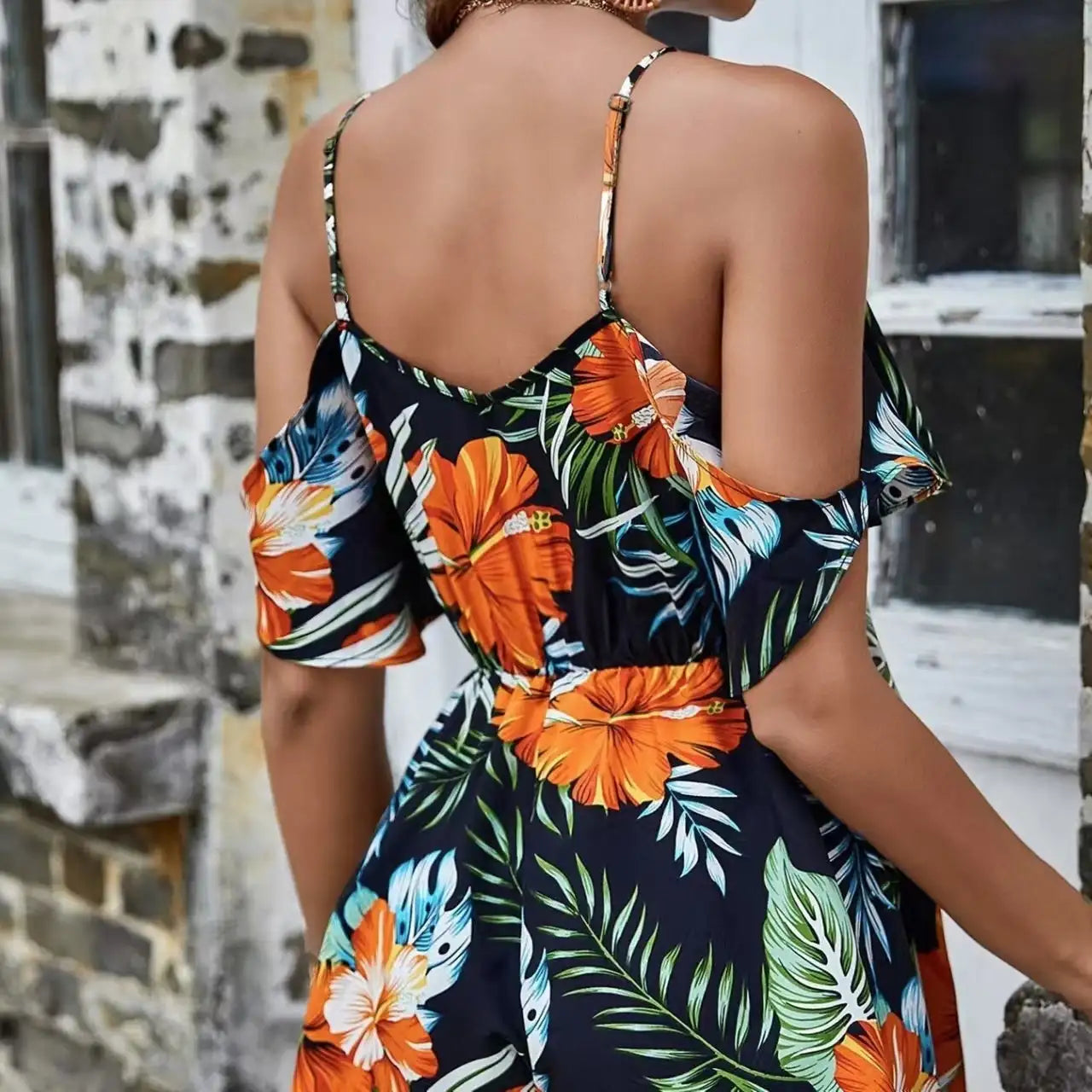 Ladies' Camisole, Off Shoulder, Hanging Pleats, Lotus Leaf Sleeves, Floral Tropical Print, Vacation Style Jumpsuit - SJB-DIAMOND ELITES