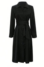 Elegant Black Collared Neck Long Sleeve Midi Shirt Dress Tied and Buttoned Women’s Dress
