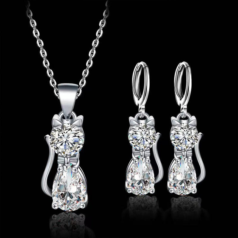 Cute Kitty Zircon Pendant Alloy Plated Silver Accessories Necklace Pi-Mart